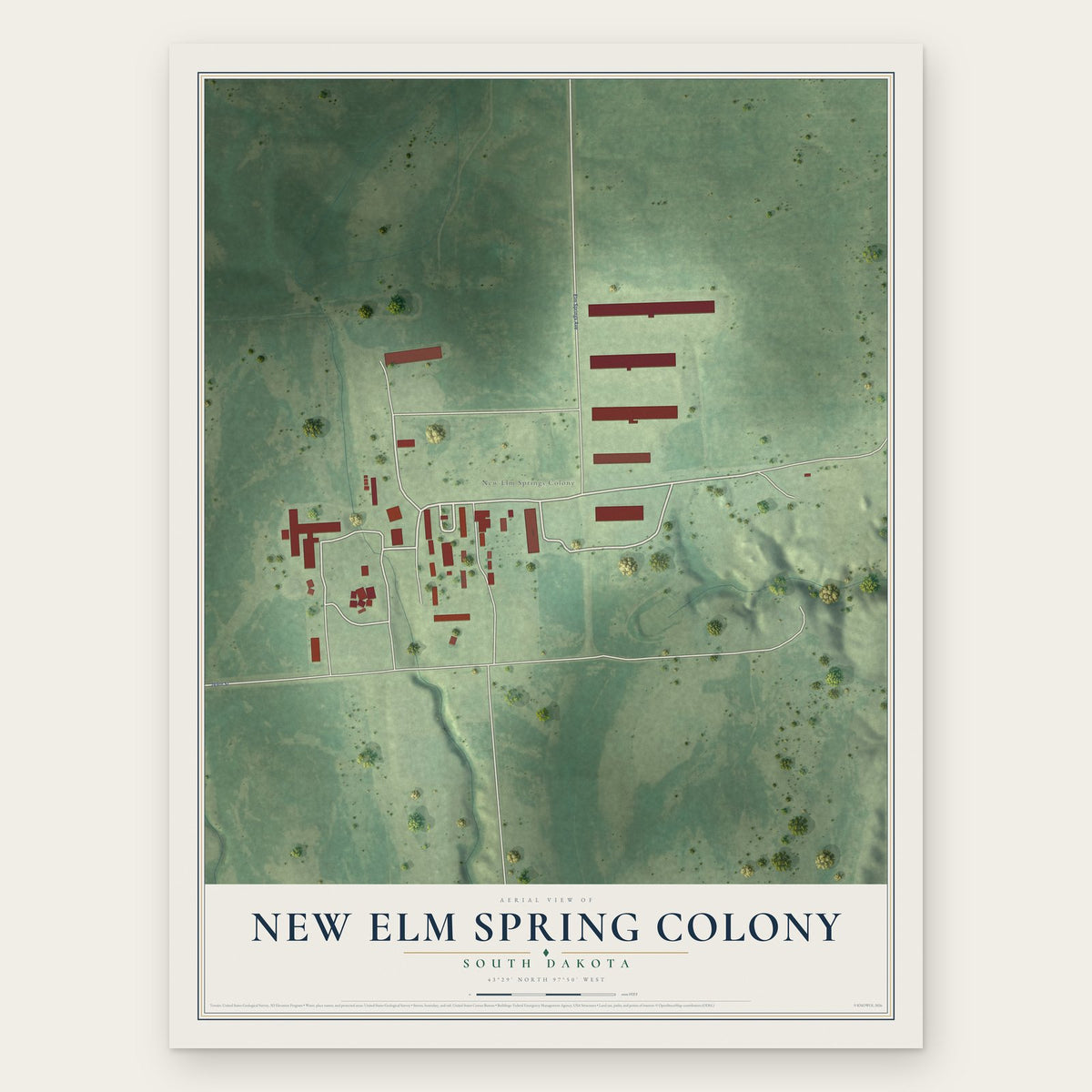 New Elm Spring Colony, South Dakota map print, the full design