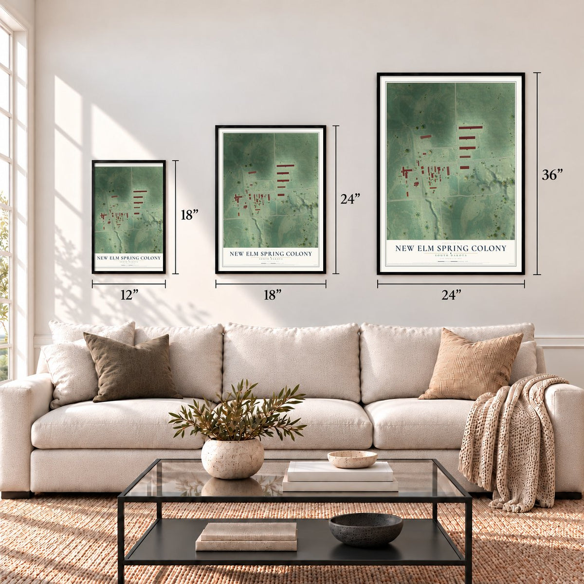 New Elm Spring Colony, South Dakota map in 12 x 18, 18 x 24 and 24 x 36 inch sizes above a sofa