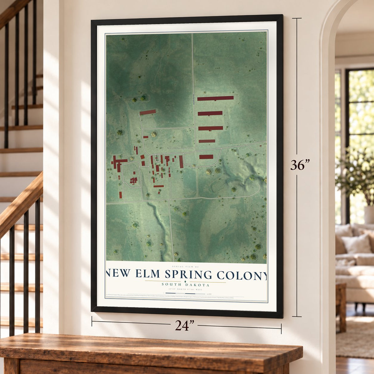 New Elm Spring Colony, South Dakota map, 24 x 36 inch print in a black frame by a staircase