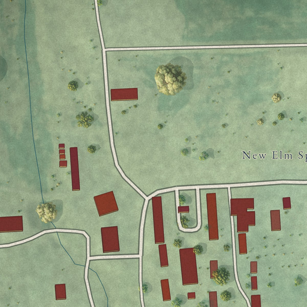 Close-up of the map of New Elm Spring Colony, South Dakota print showing street and building detail
