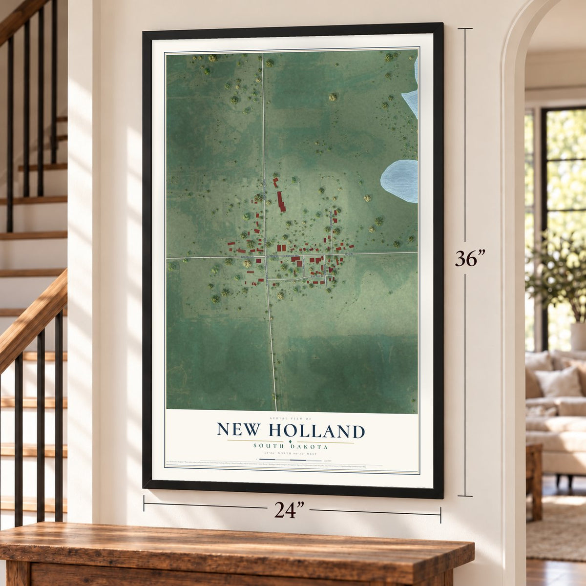 New Holland, South Dakota map, 24 x 36 inch print in a black frame by a staircase