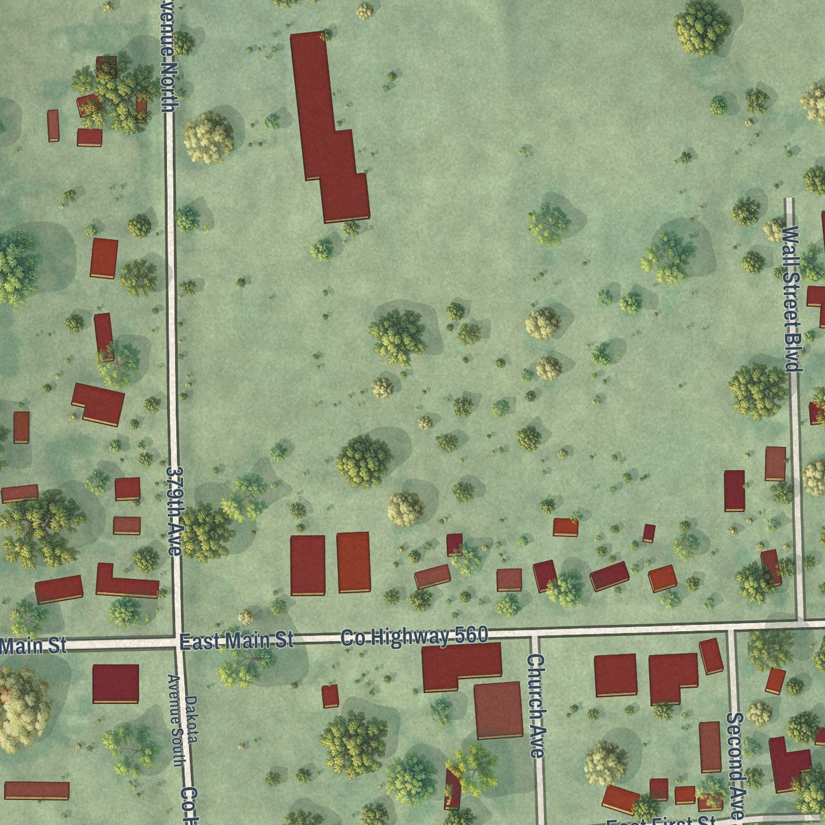 Close-up of the map of New Holland, South Dakota print showing street and building detail