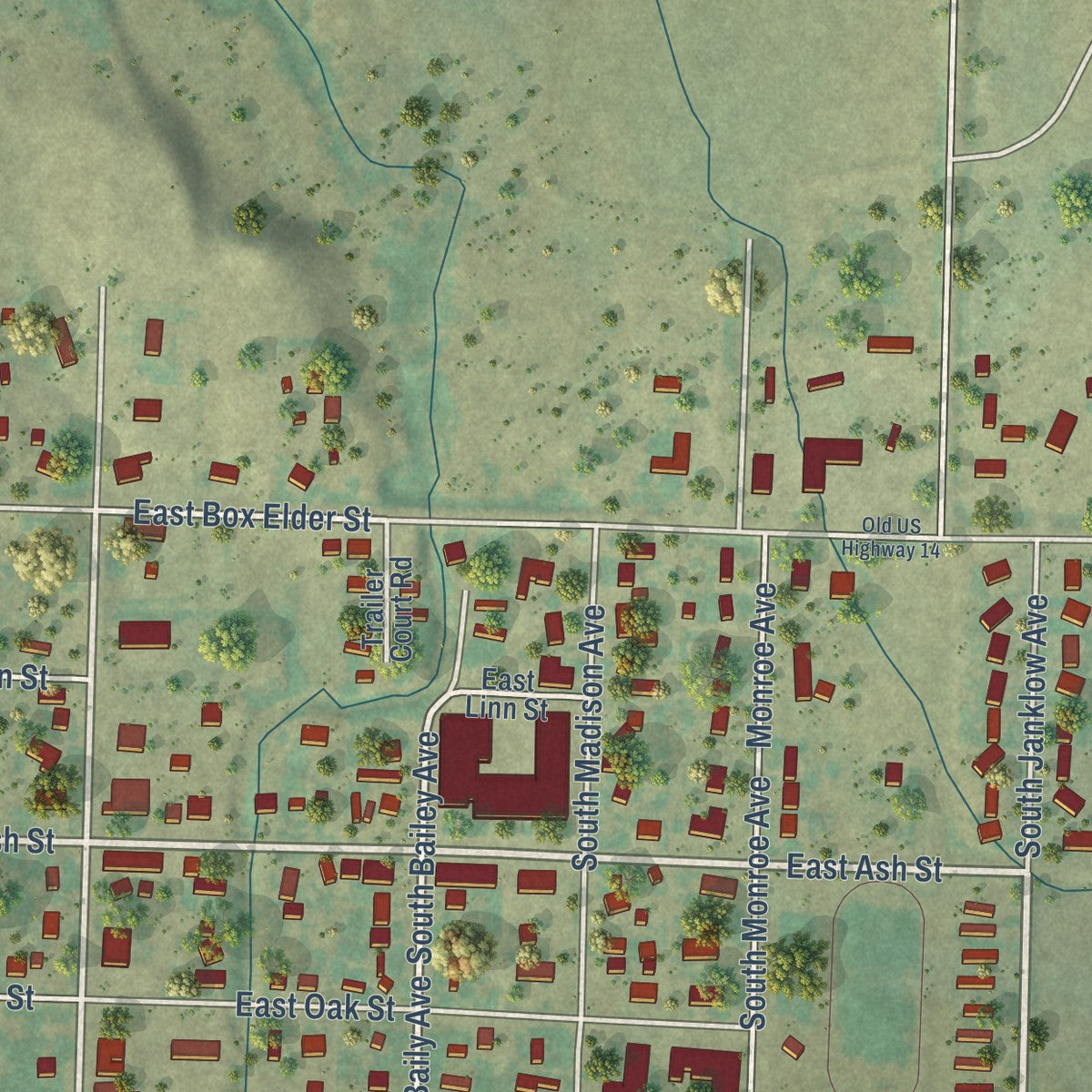Close-up of the map of New Underwood, South Dakota print showing street and building detail
