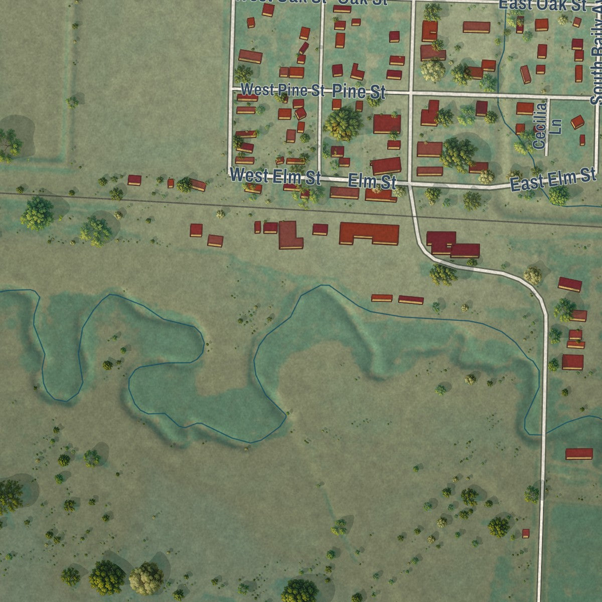 Second close-up of the map of New Underwood, South Dakota print showing more streets and buildings