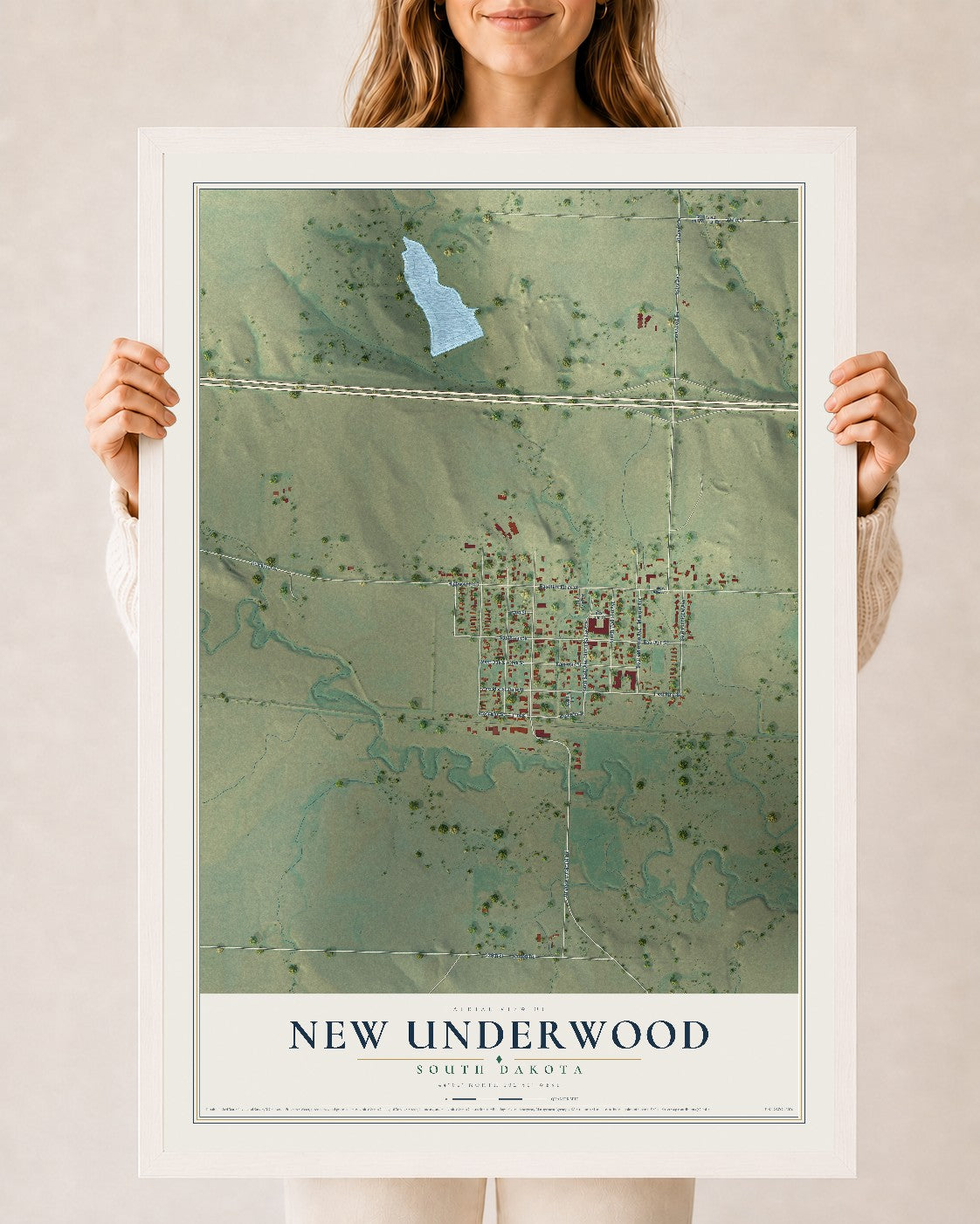 Map of New Underwood, South Dakota, 24 x 36 inch print in a white wood frame
