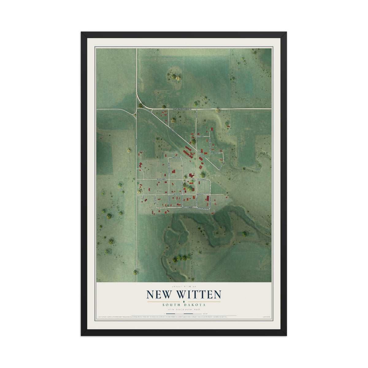 Map of New Witten, South Dakota, 12 x 18 inch print in a black wood frame