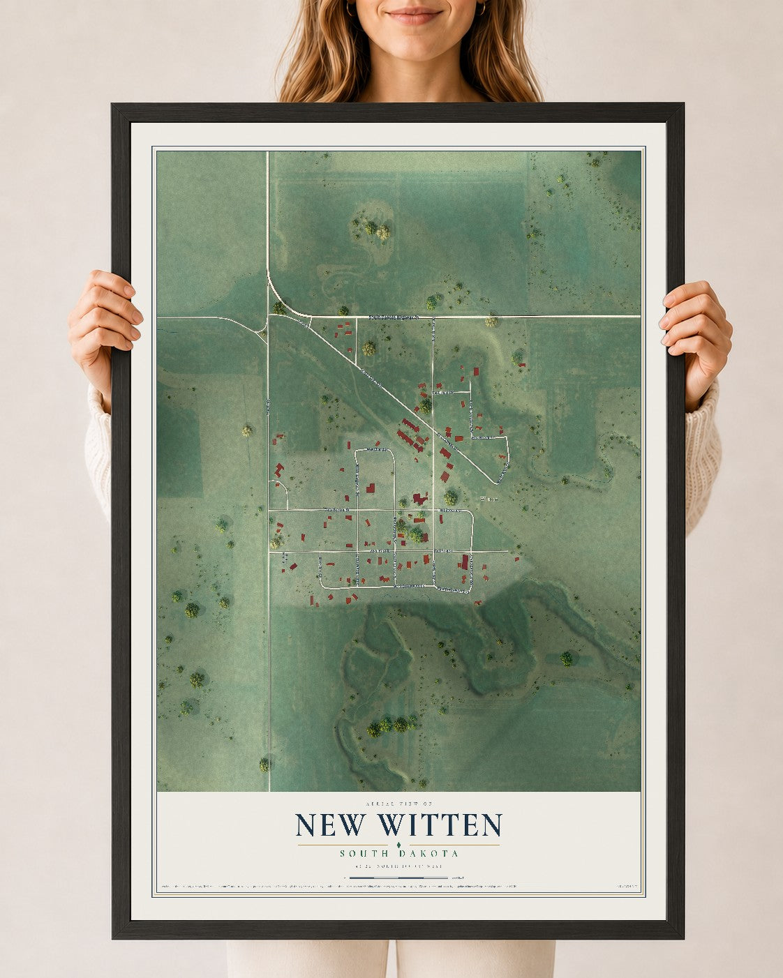 Map of New Witten, South Dakota, 24 x 36 inch print in a black wood frame