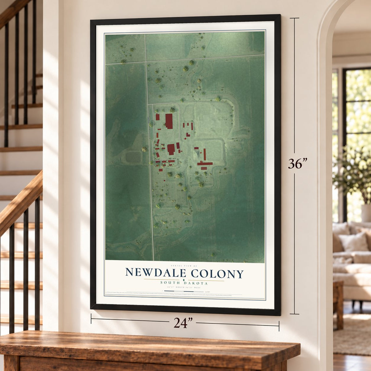 Newdale Colony, South Dakota map, 24 x 36 inch print in a black frame by a staircase
