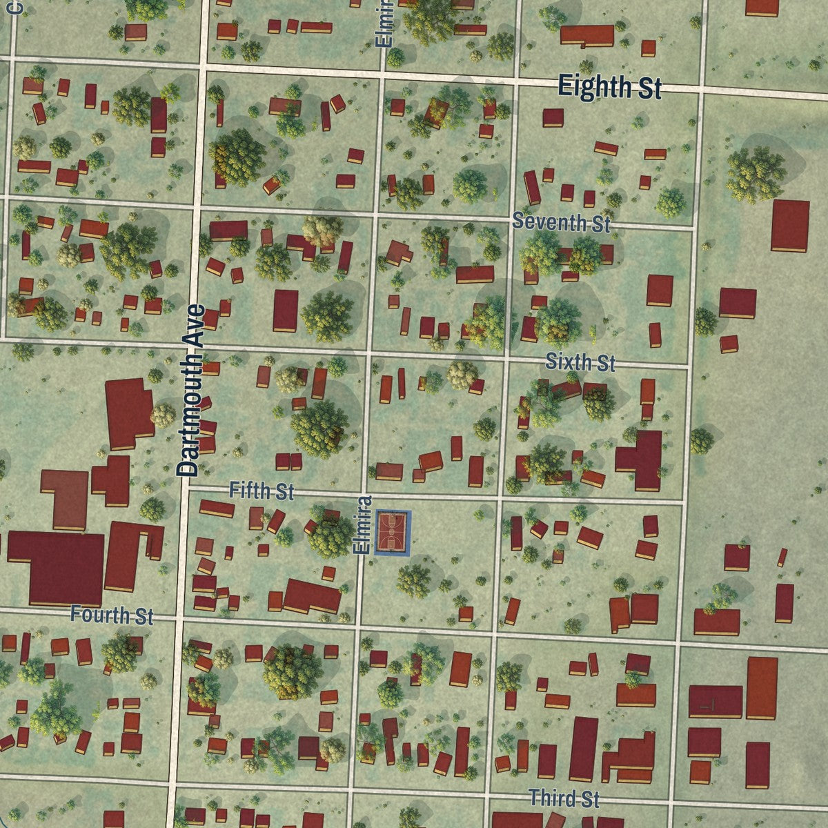 Close-up of the map of Newell, South Dakota print showing street and building detail