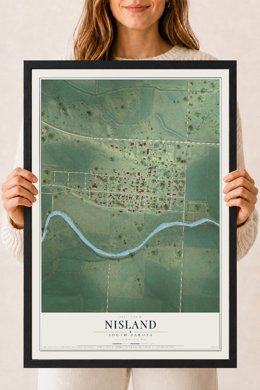Map of Nisland, South Dakota, 18 x 24 inch print in a black wood frame