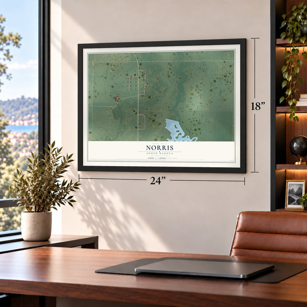 Norris, South Dakota map, 18 x 24 inch print in a black frame in a home office