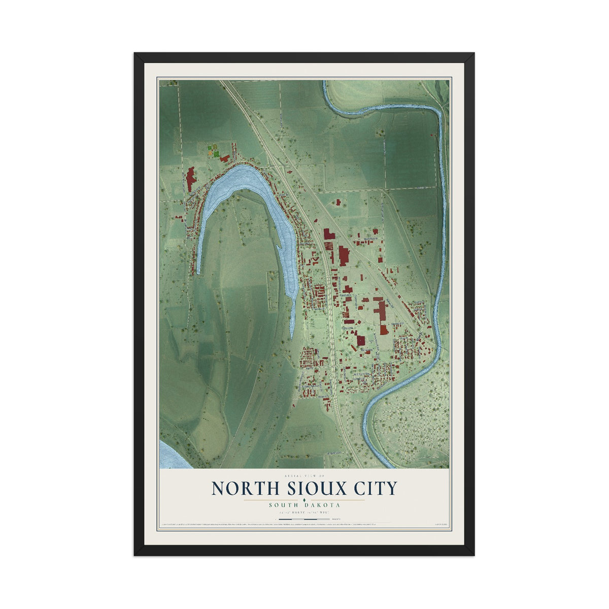 Map of North Sioux City, South Dakota, 12 x 18 inch print in a black wood frame