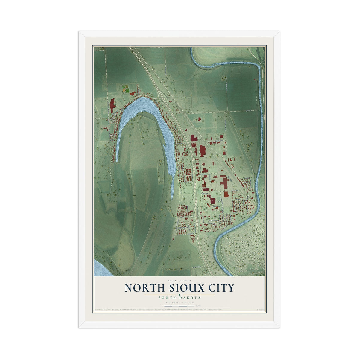Map of North Sioux City, South Dakota, 12 x 18 inch print in a white wood frame