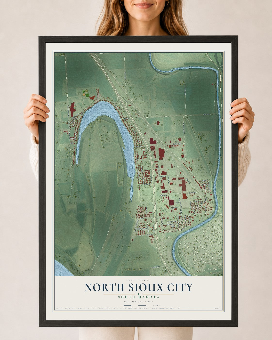 Map of North Sioux City, South Dakota, 24 x 36 inch print in a black wood frame
