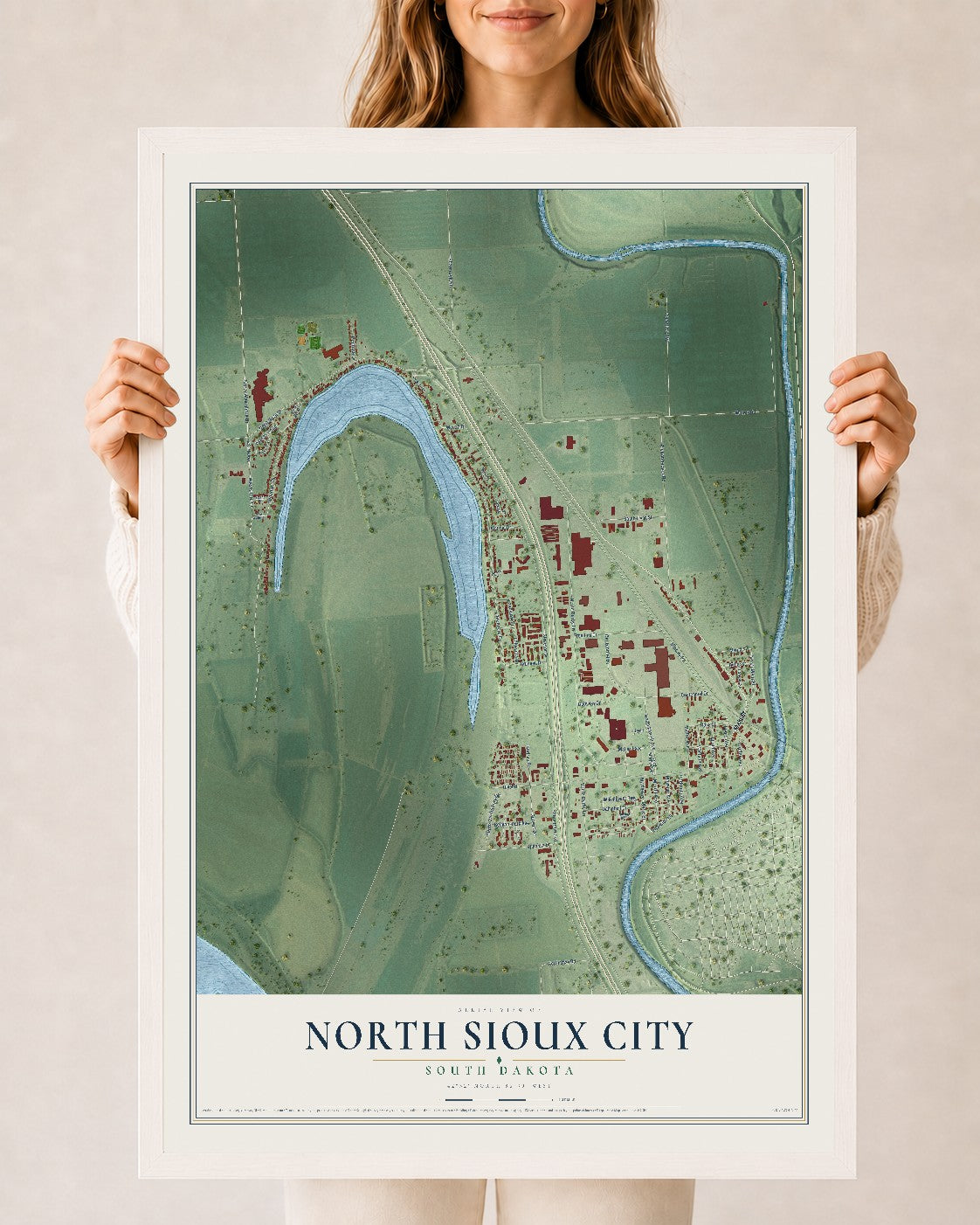 Map of North Sioux City, South Dakota, 24 x 36 inch print in a white wood frame