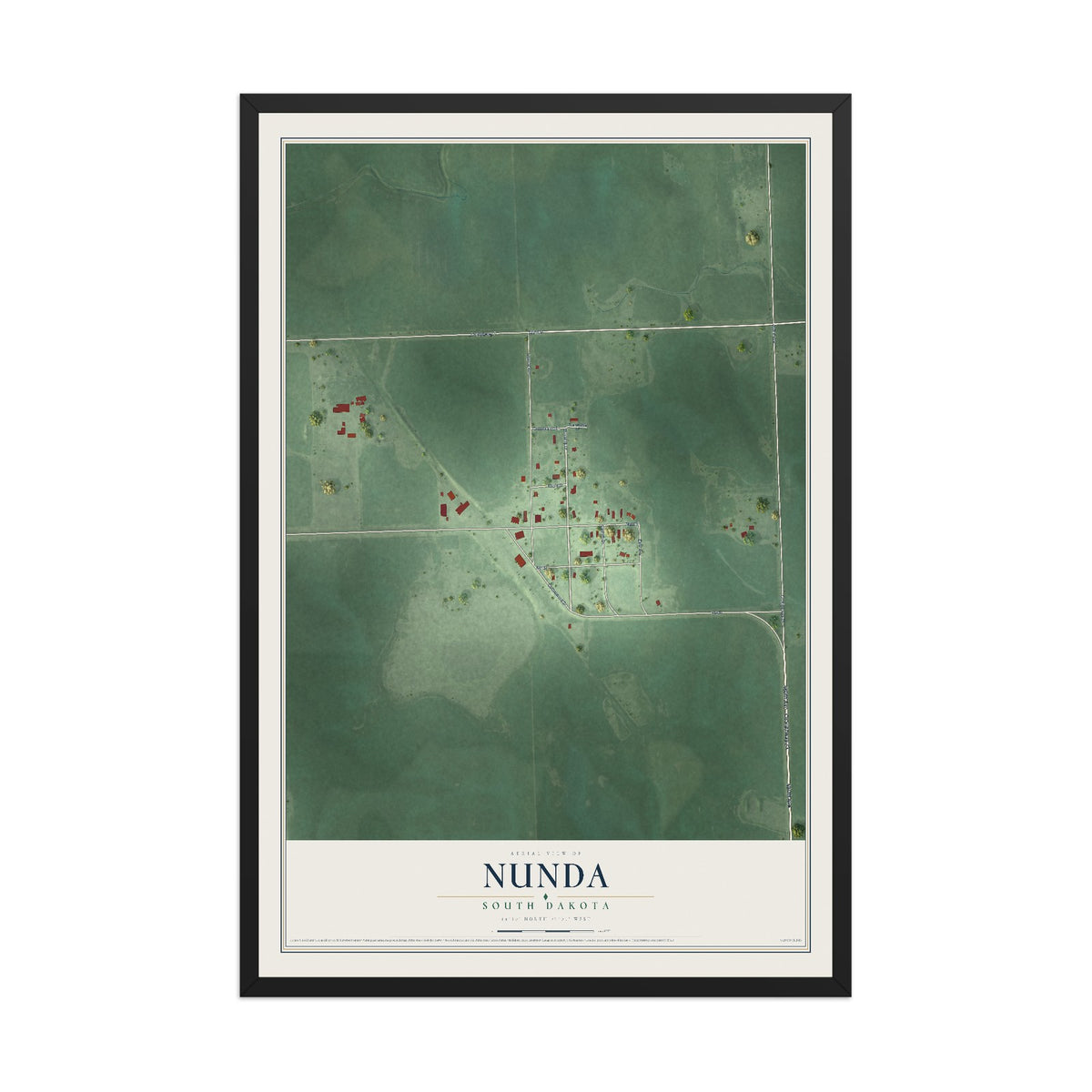 Map of Nunda, South Dakota, 12 x 18 inch print in a black wood frame