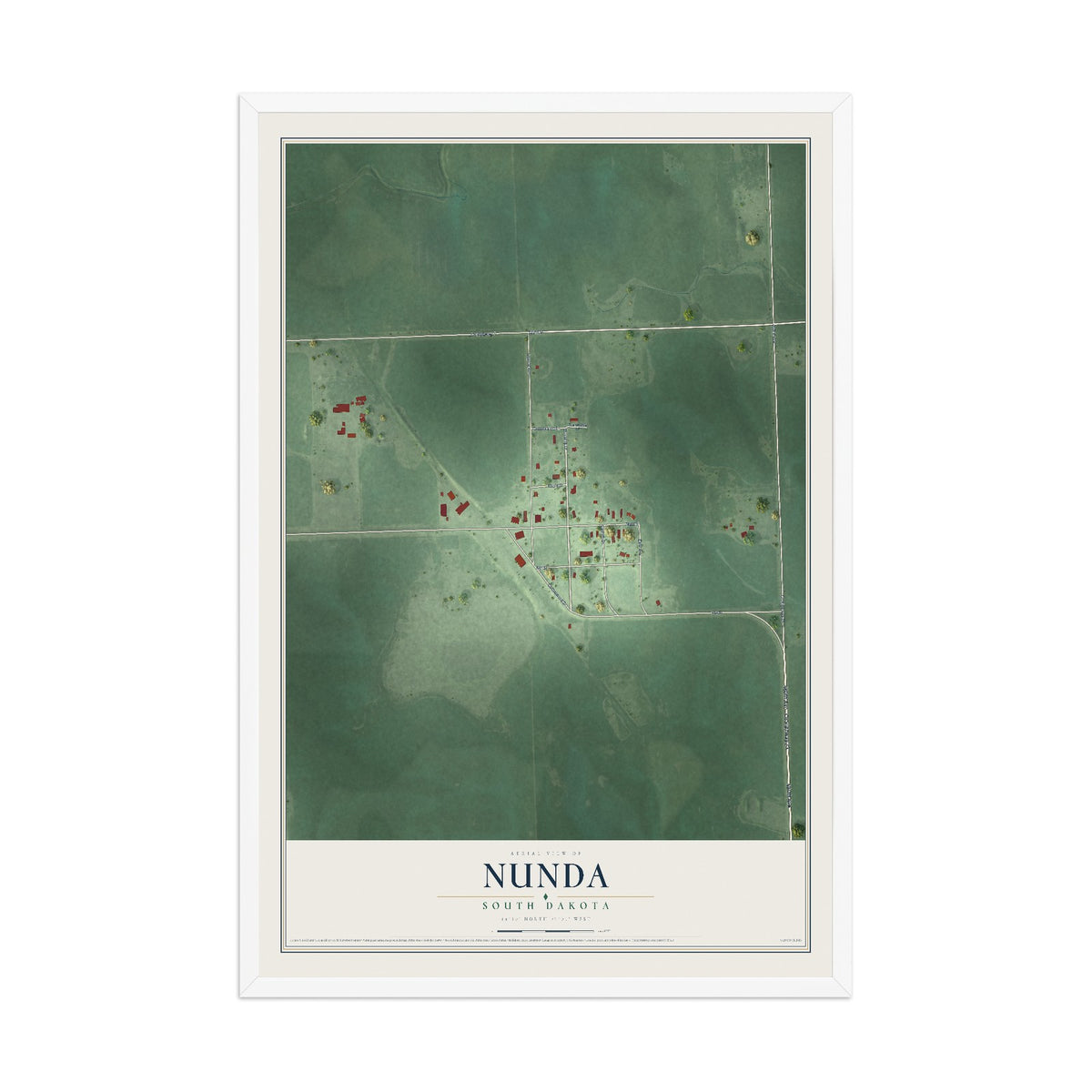 Map of Nunda, South Dakota, 12 x 18 inch print in a white wood frame