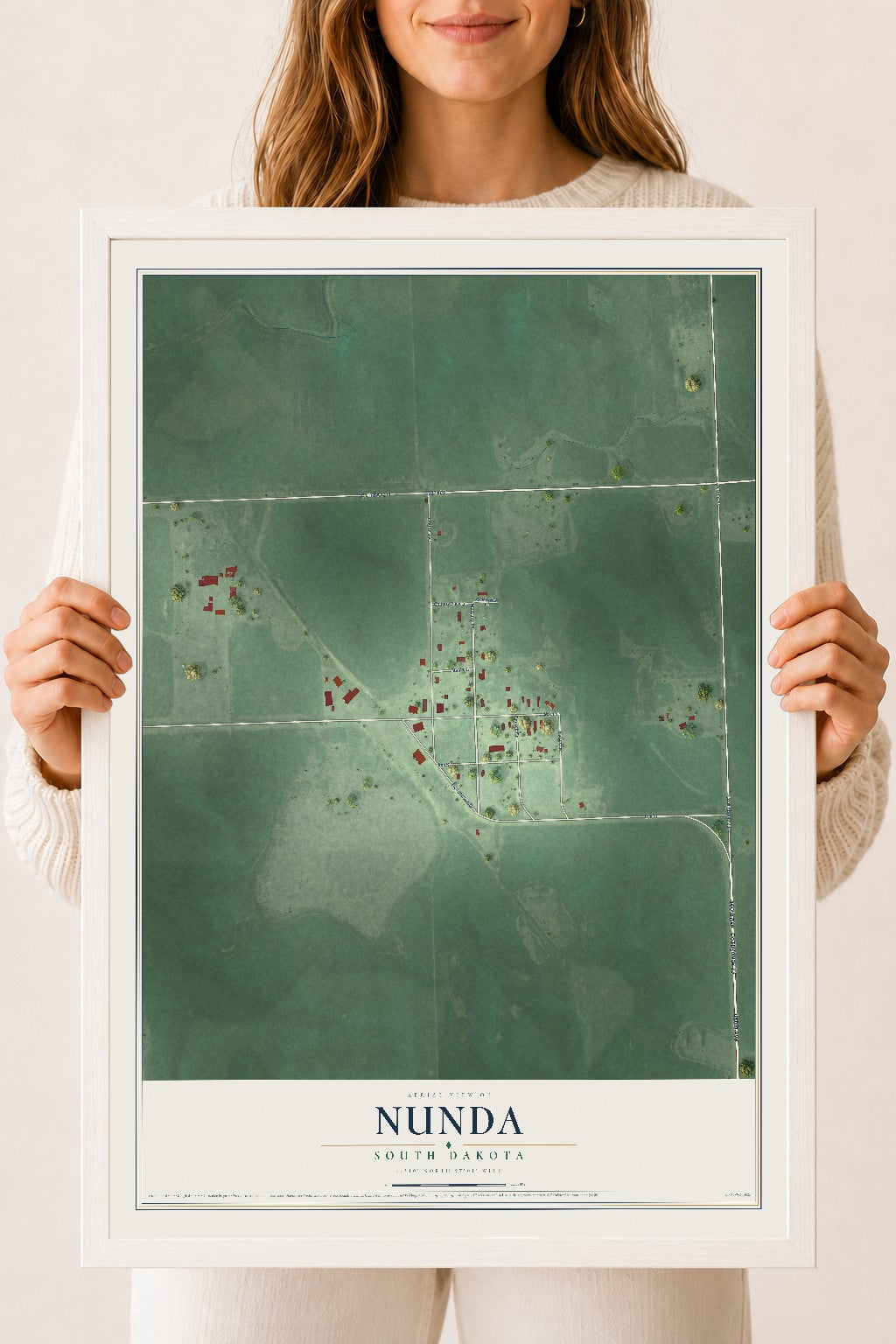 Map of Nunda, South Dakota, 18 x 24 inch print in a white wood frame