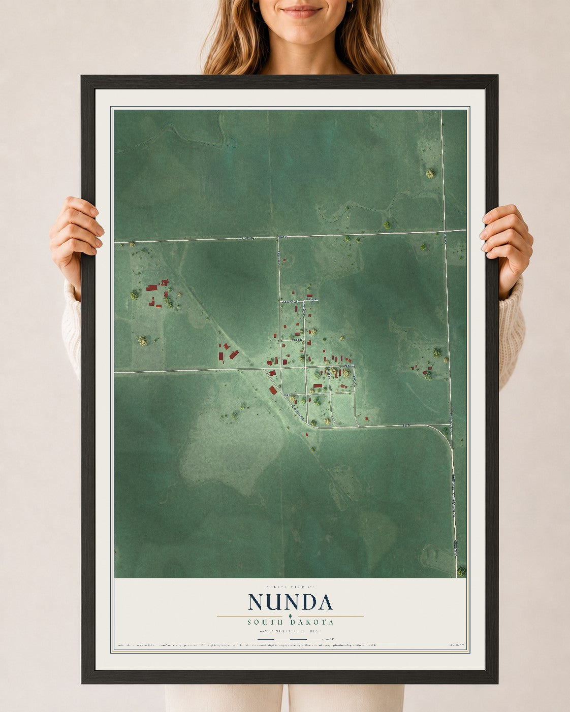 Map of Nunda, South Dakota, 24 x 36 inch print in a black wood frame