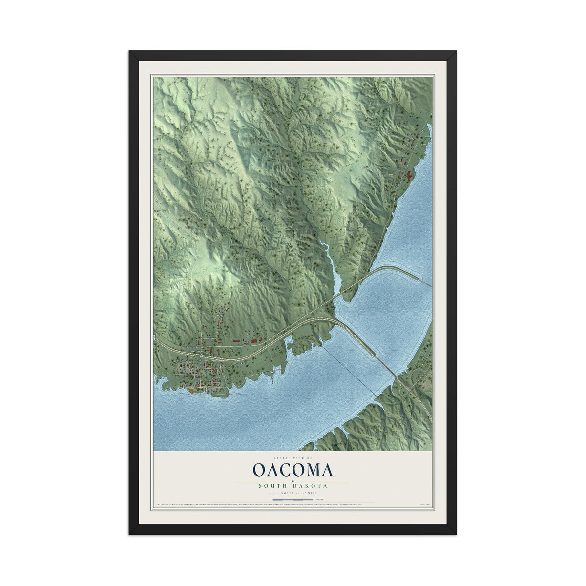 Map of Oacoma, South Dakota, 12 x 18 inch print in a black wood frame
