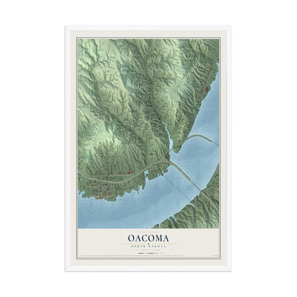 Map of Oacoma, South Dakota, 12 x 18 inch print in a white wood frame