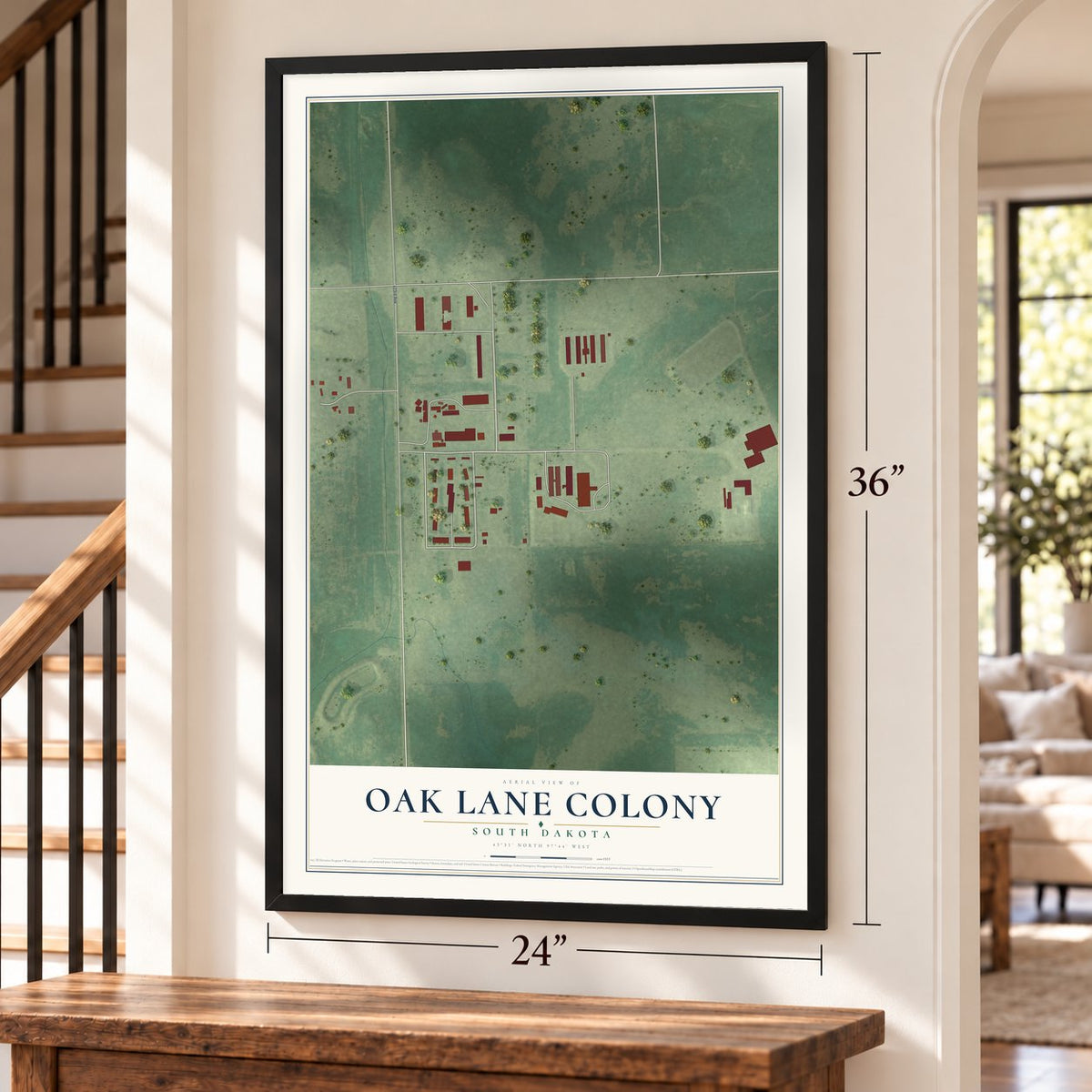 Oak Lane Colony, South Dakota map, 24 x 36 inch print in a black frame by a staircase