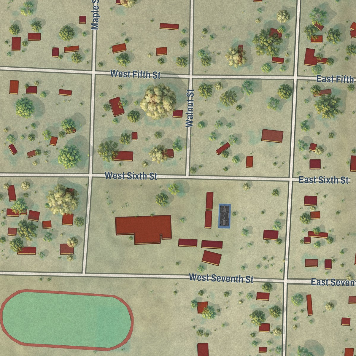 Close-up of the map of Oelrichs, South Dakota print showing street and building detail