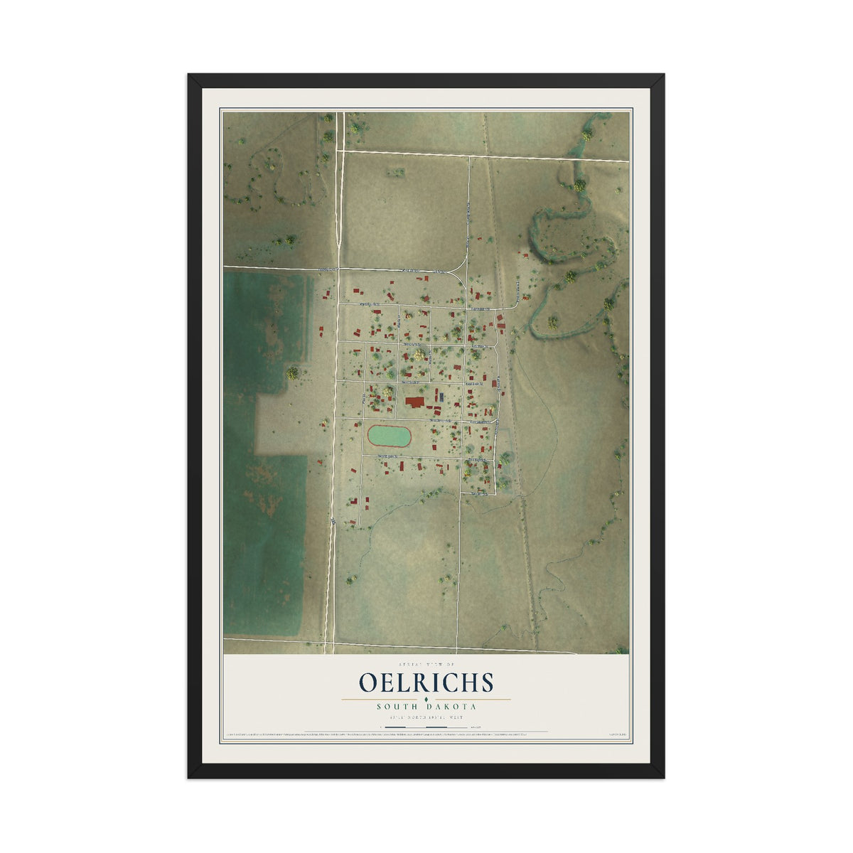 Map of Oelrichs, South Dakota, 12 x 18 inch print in a black wood frame
