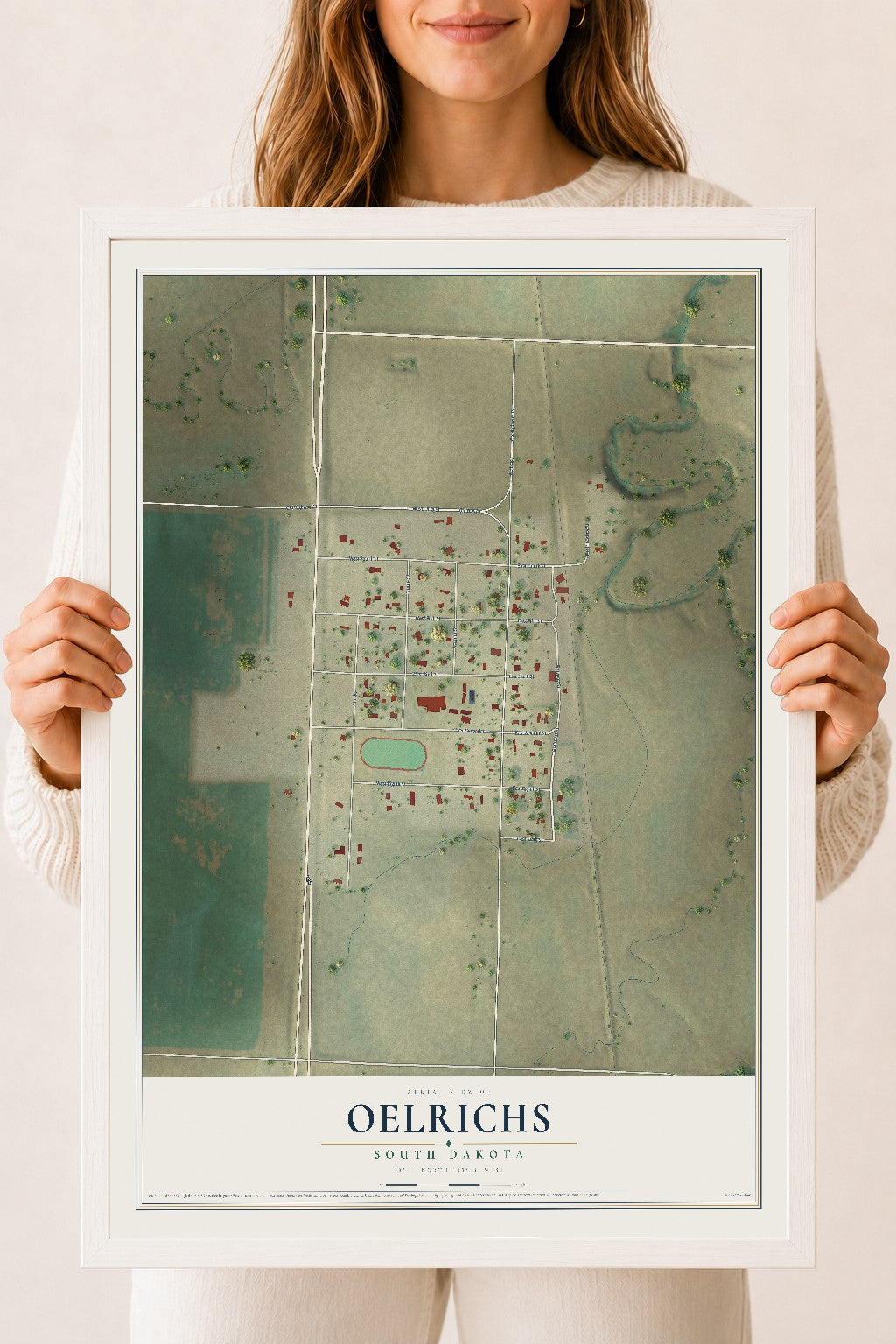 Map of Oelrichs, South Dakota, 18 x 24 inch print in a white wood frame