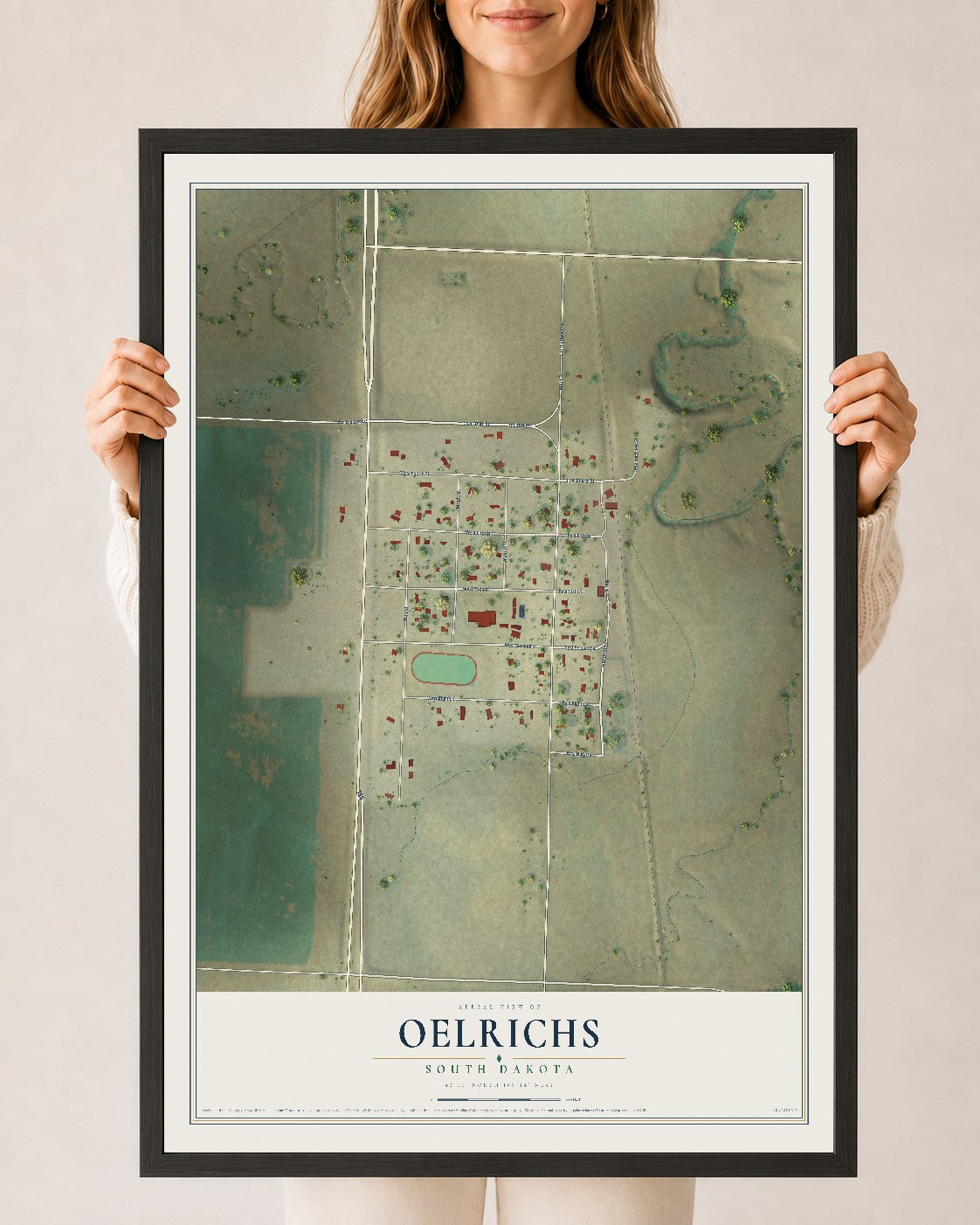 Map of Oelrichs, South Dakota, 24 x 36 inch print in a black wood frame