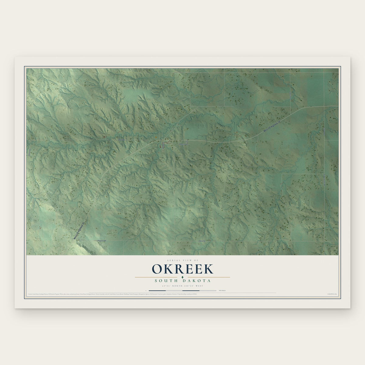 Okreek, South Dakota map print, the full design
