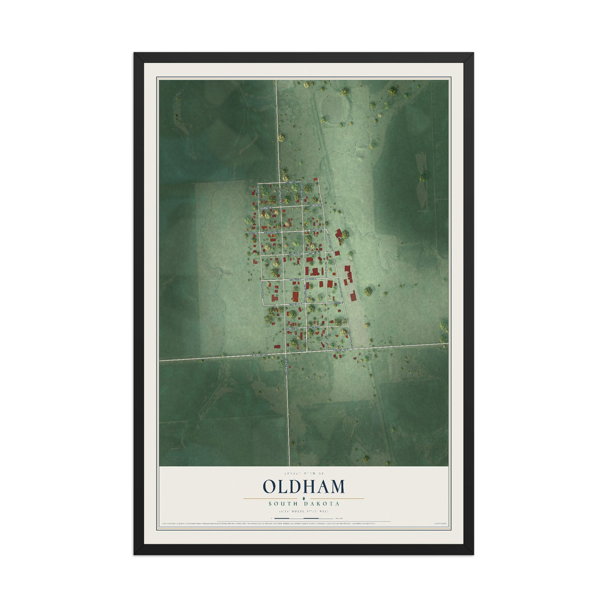 Map of Oldham, South Dakota, 12 x 18 inch print in a black wood frame