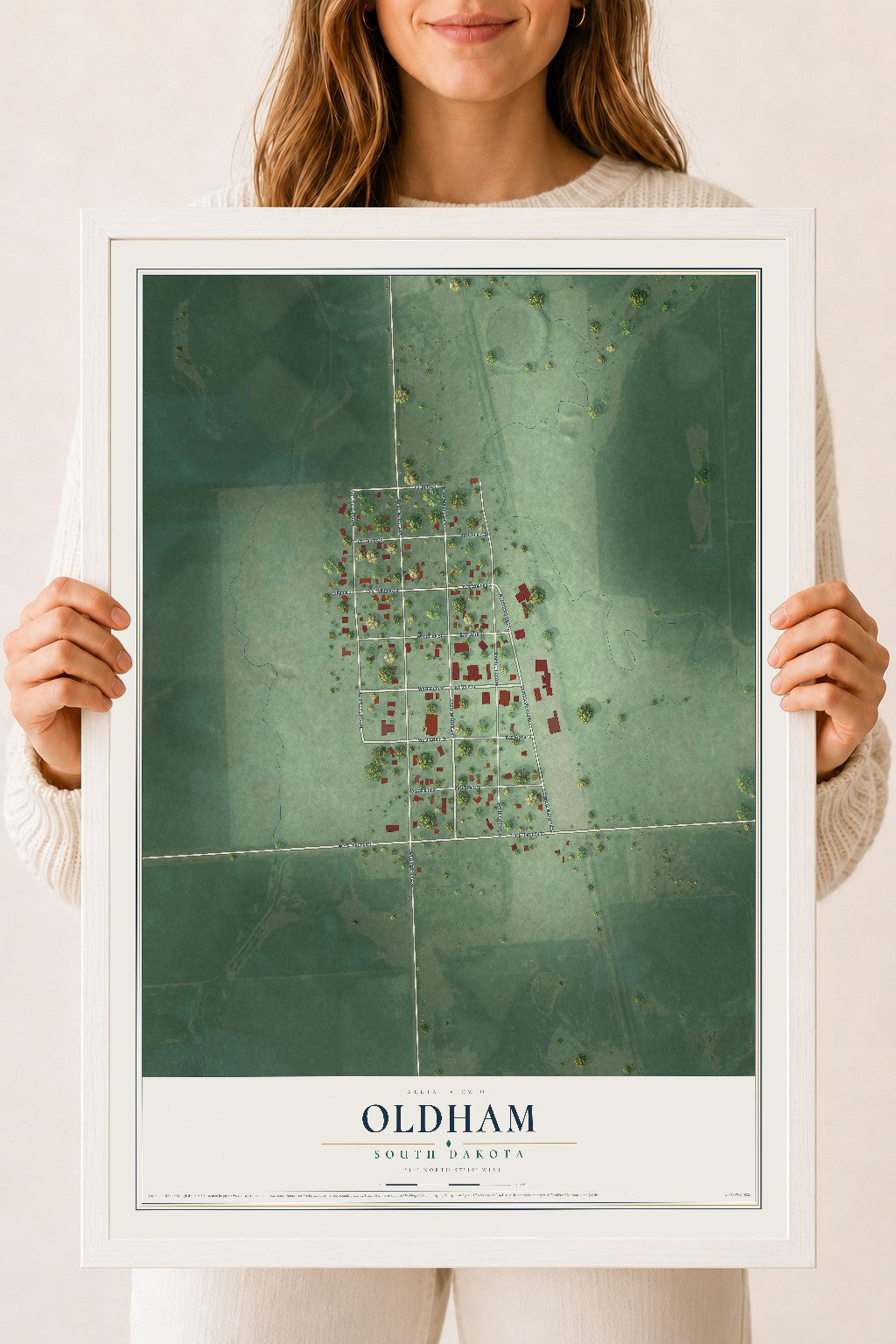 Map of Oldham, South Dakota, 18 x 24 inch print in a white wood frame