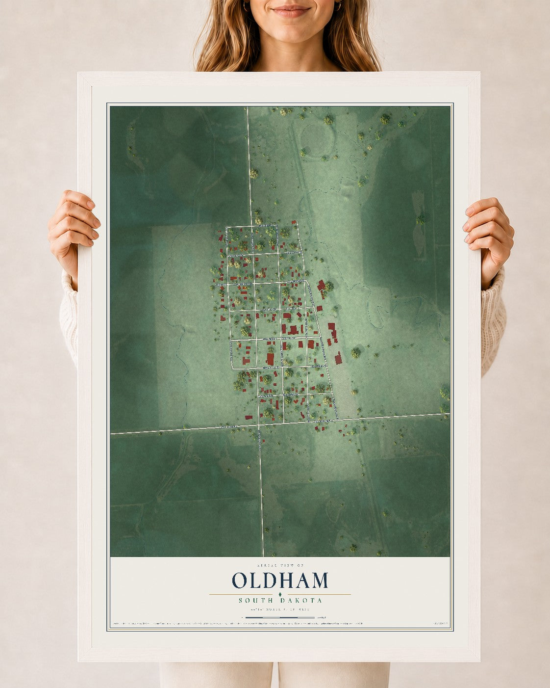 Map of Oldham, South Dakota, 24 x 36 inch print in a white wood frame
