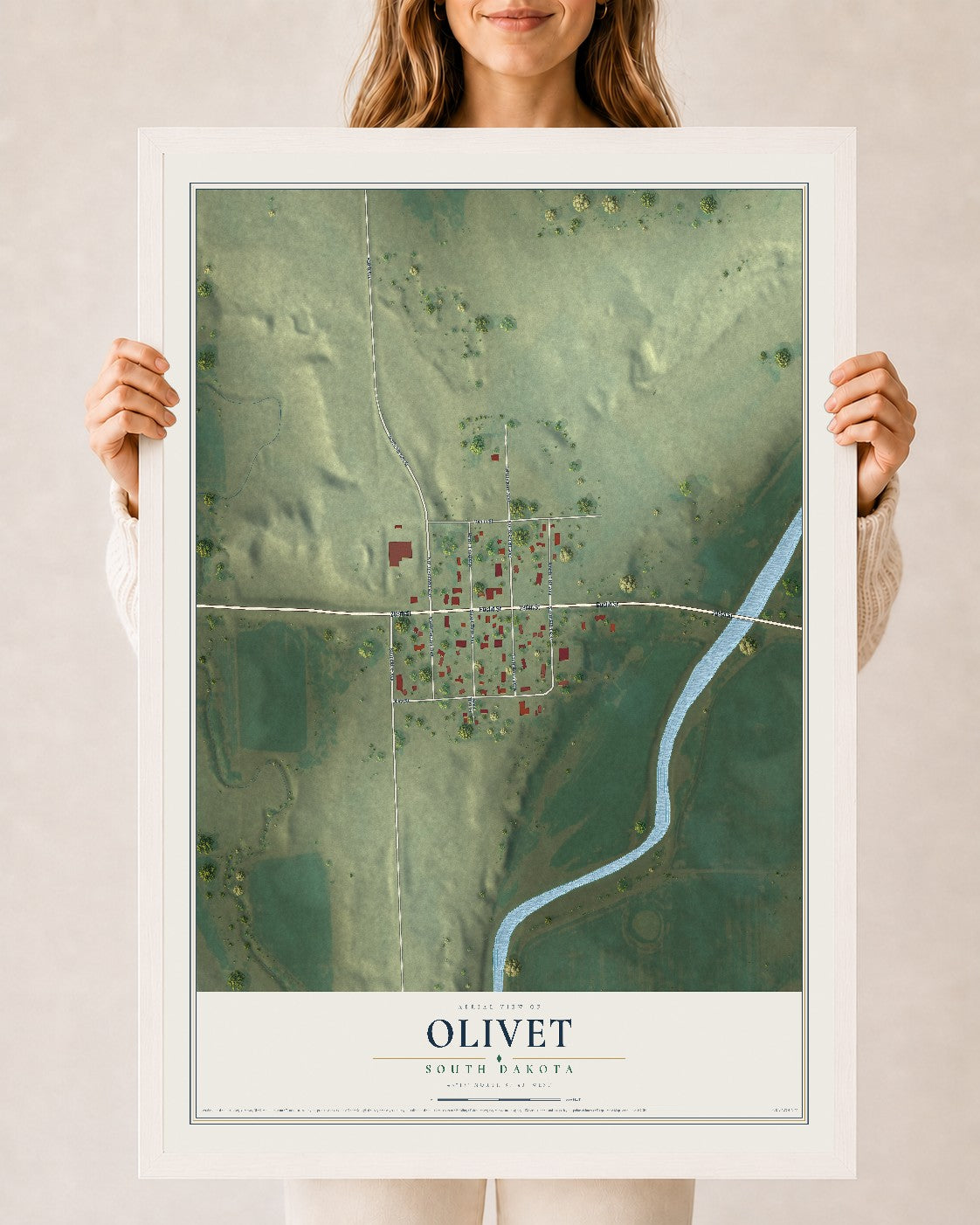 Map of Olivet, South Dakota, 24 x 36 inch print in a white wood frame