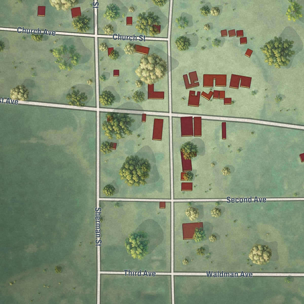 Close-up of the map of Onaka, South Dakota print showing street and building detail
