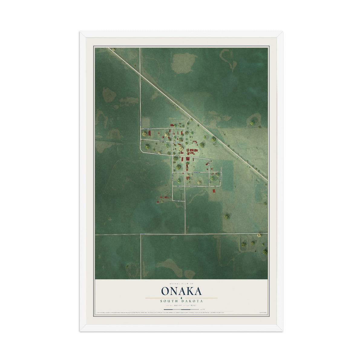 Map of Onaka, South Dakota, 12 x 18 inch print in a white wood frame