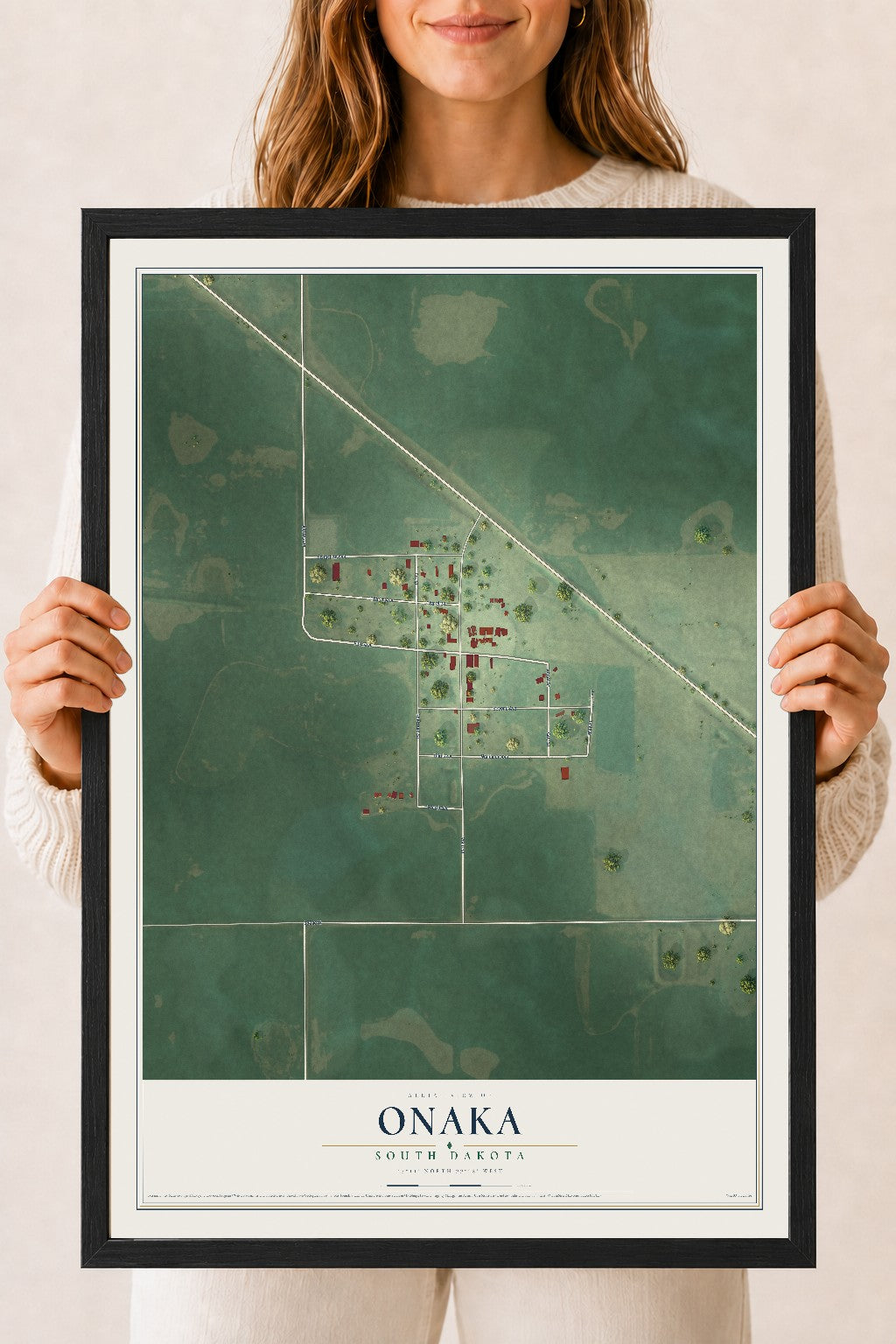 Map of Onaka, South Dakota, 18 x 24 inch print in a black wood frame
