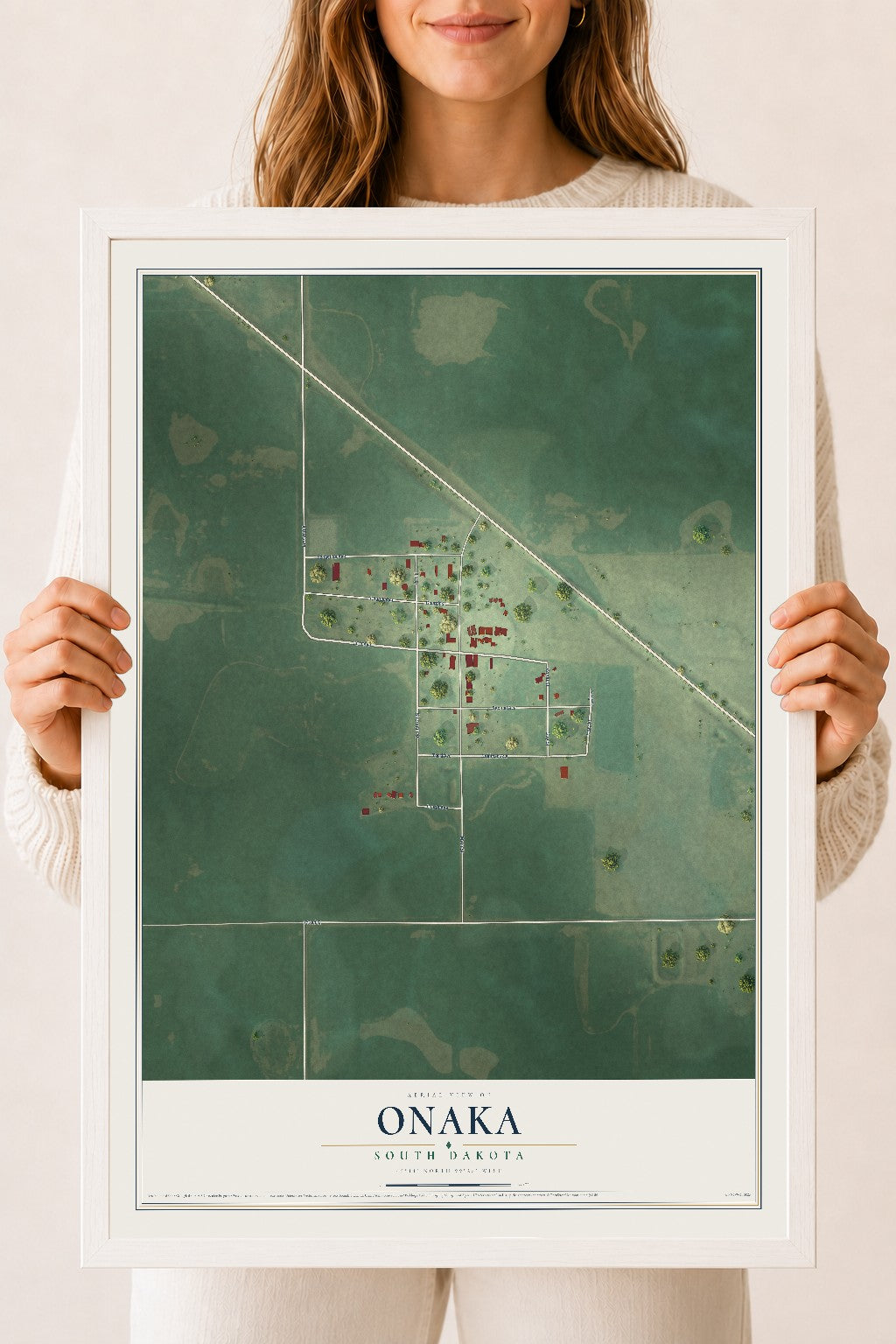 Map of Onaka, South Dakota, 18 x 24 inch print in a white wood frame