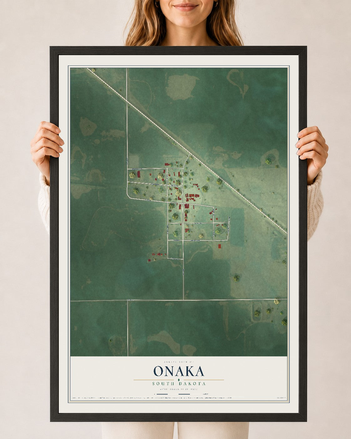Map of Onaka, South Dakota, 24 x 36 inch print in a black wood frame