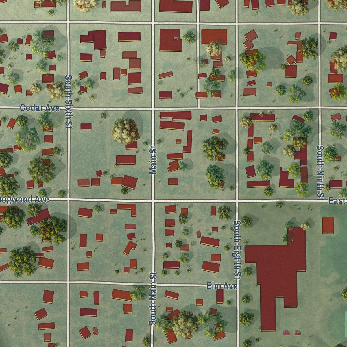 Close-up of the map of Onida, South Dakota print showing street and building detail