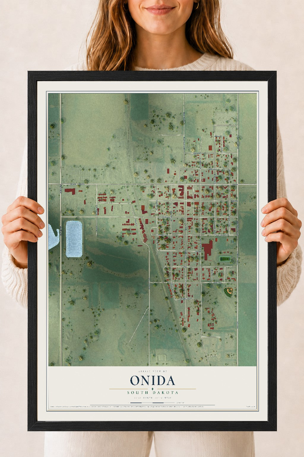 Map of Onida, South Dakota, 18 x 24 inch print in a black wood frame