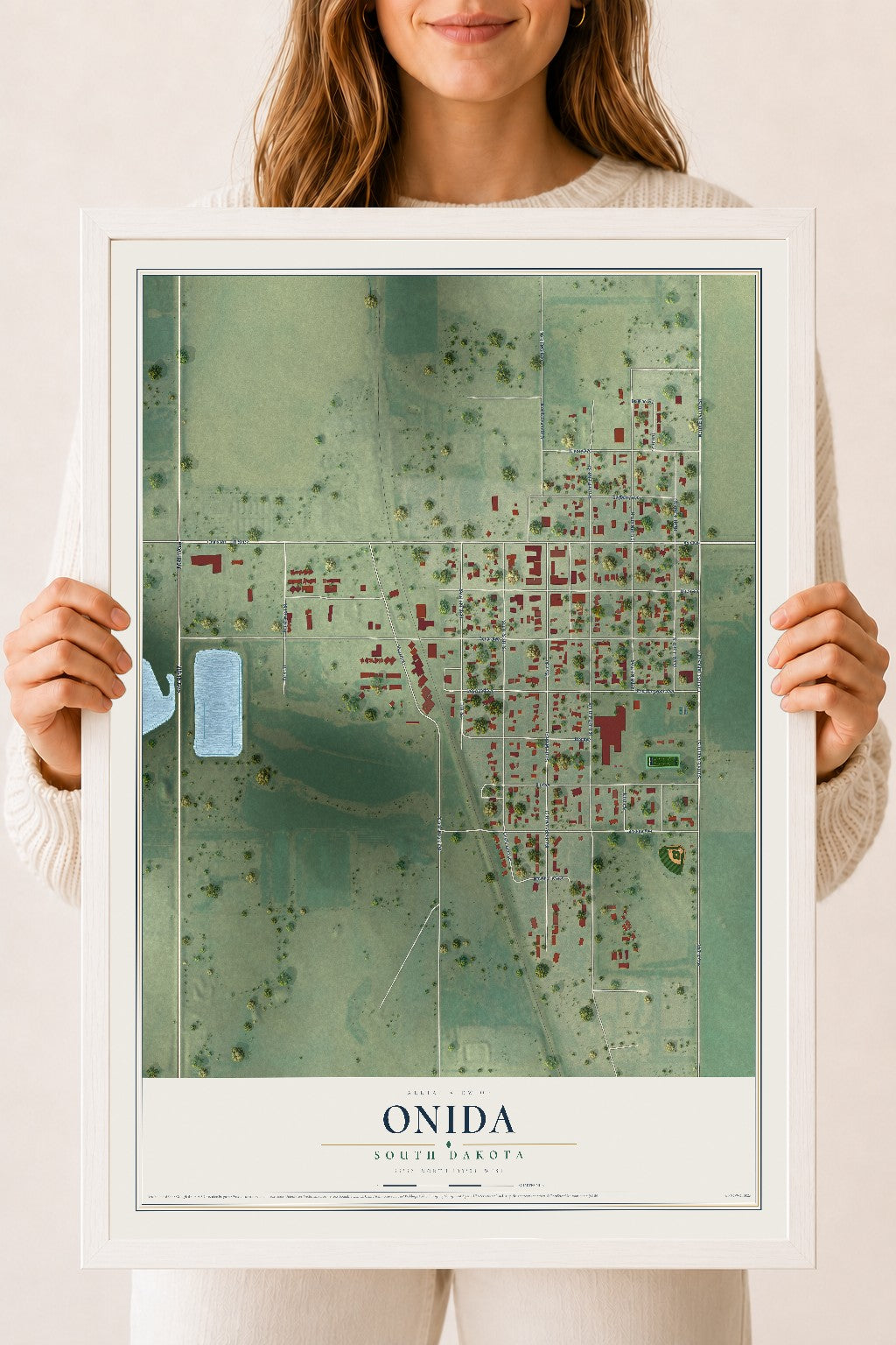 Map of Onida, South Dakota, 18 x 24 inch print in a white wood frame
