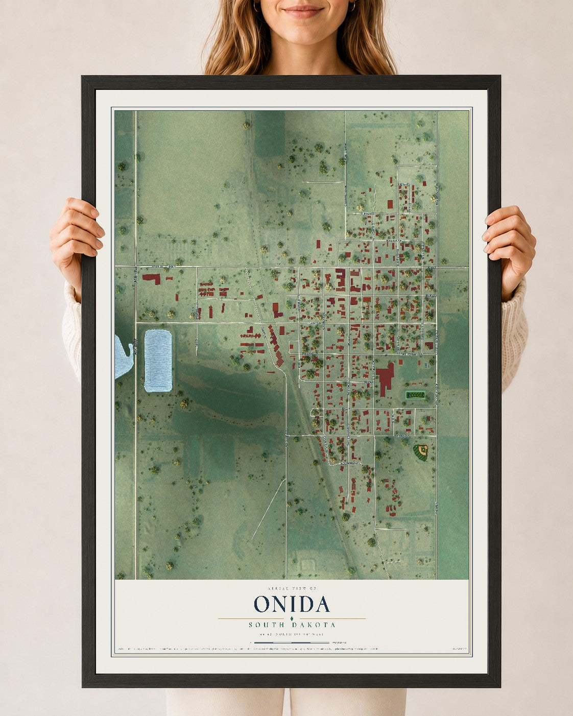 Map of Onida, South Dakota, 24 x 36 inch print in a black wood frame