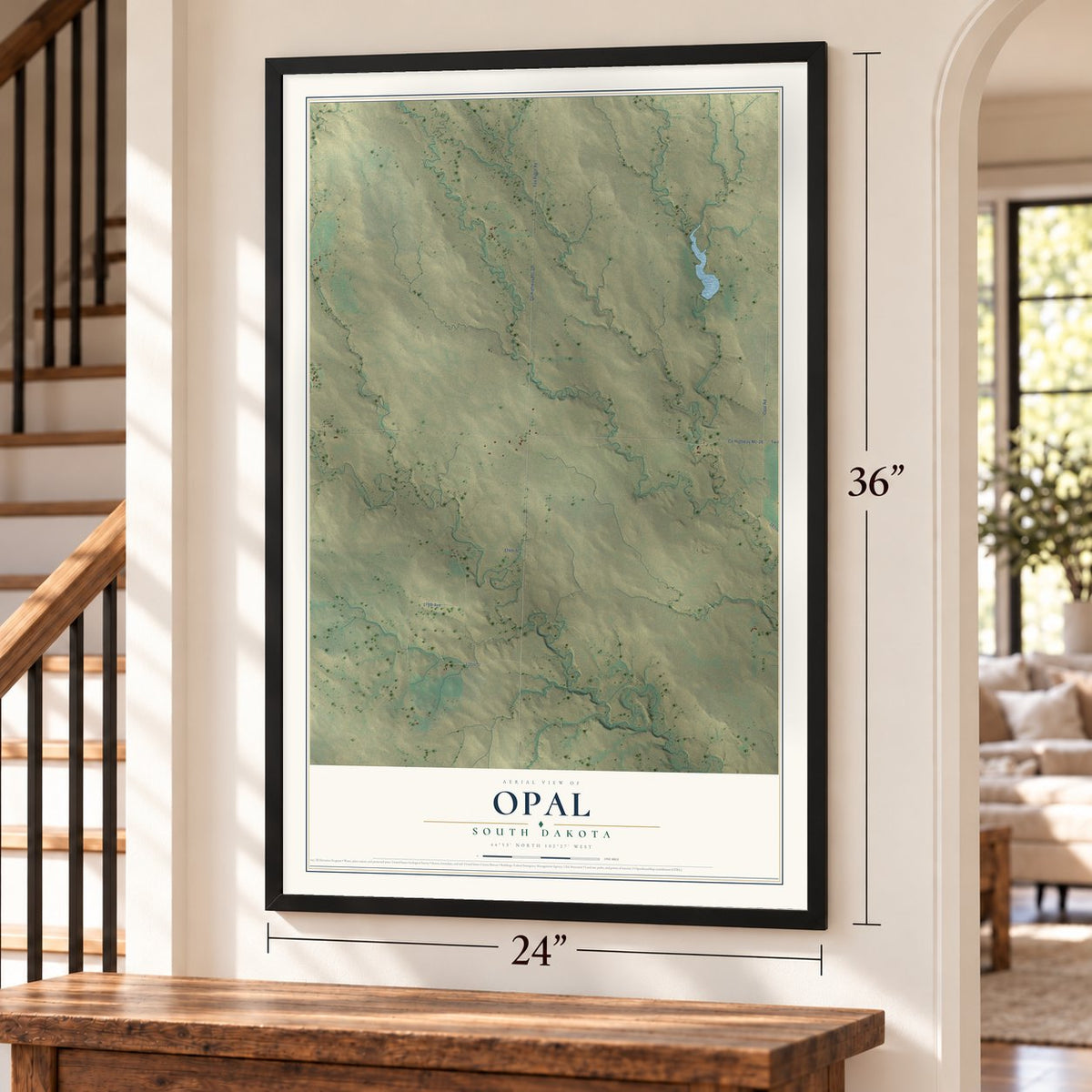 Opal, South Dakota map, 24 x 36 inch print in a black frame by a staircase