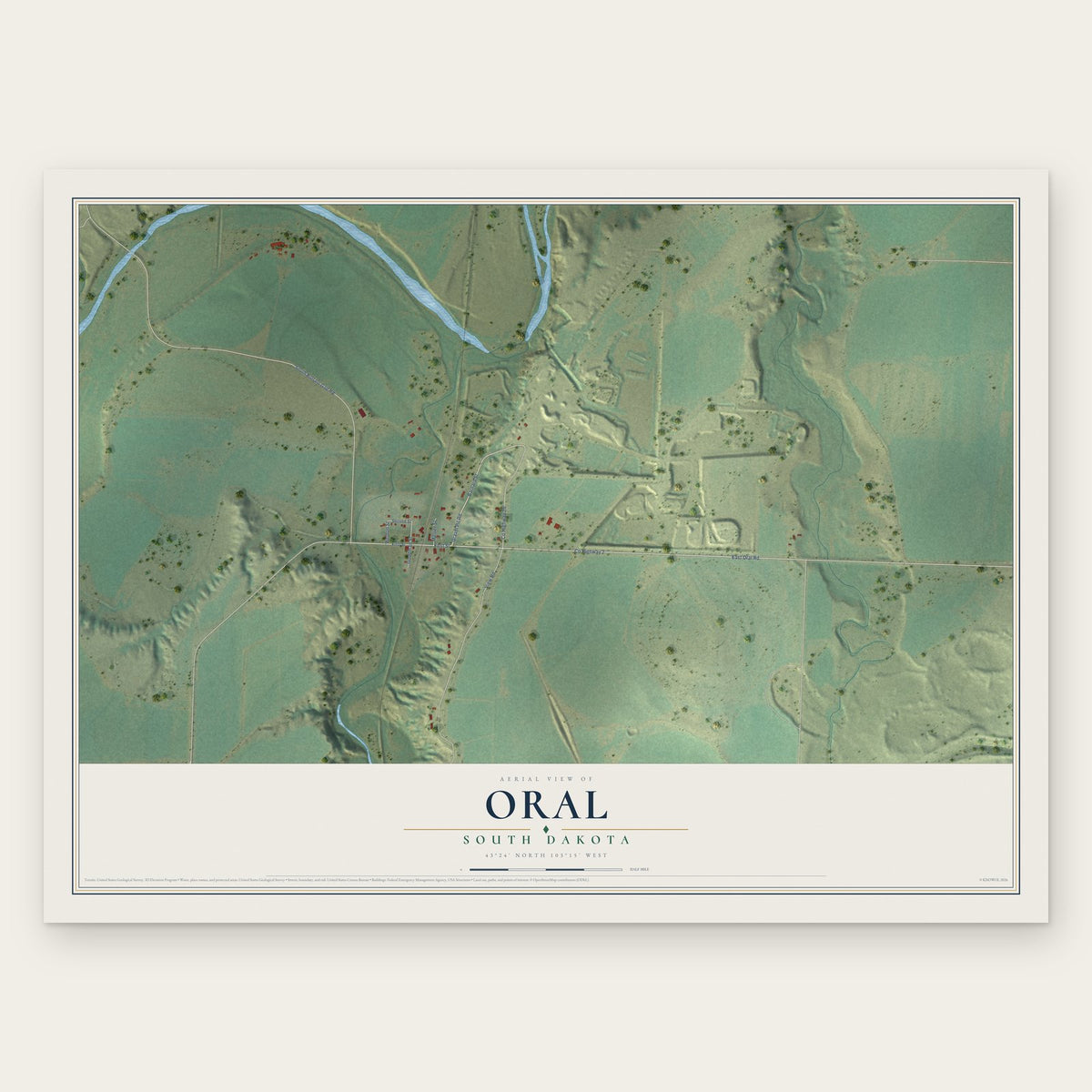 Oral, South Dakota map print, the full design