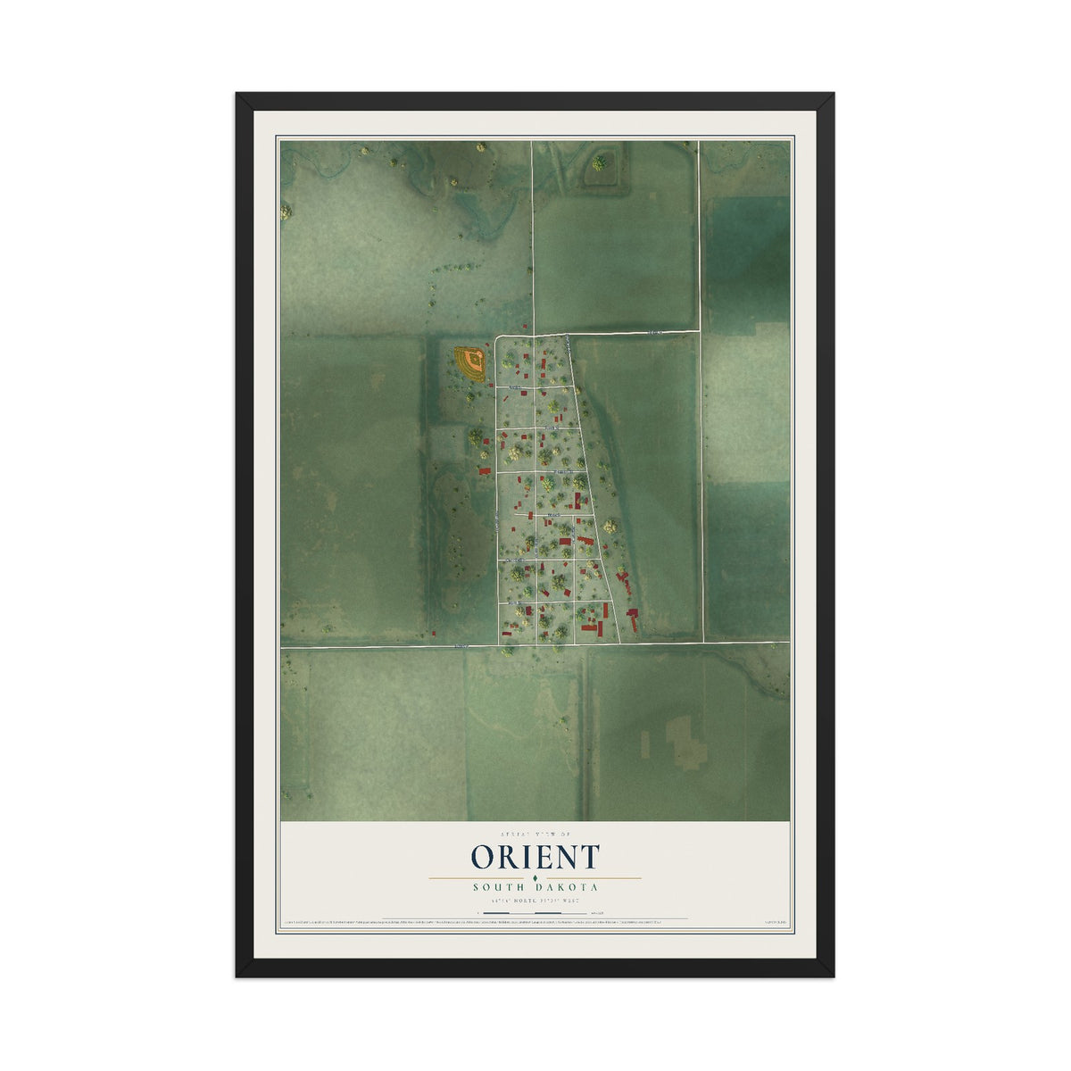 Map of Orient, South Dakota, 12 x 18 inch print in a black wood frame