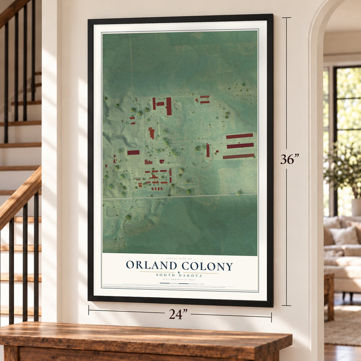 Orland Colony, South Dakota map, 24 x 36 inch print in a black frame by a staircase