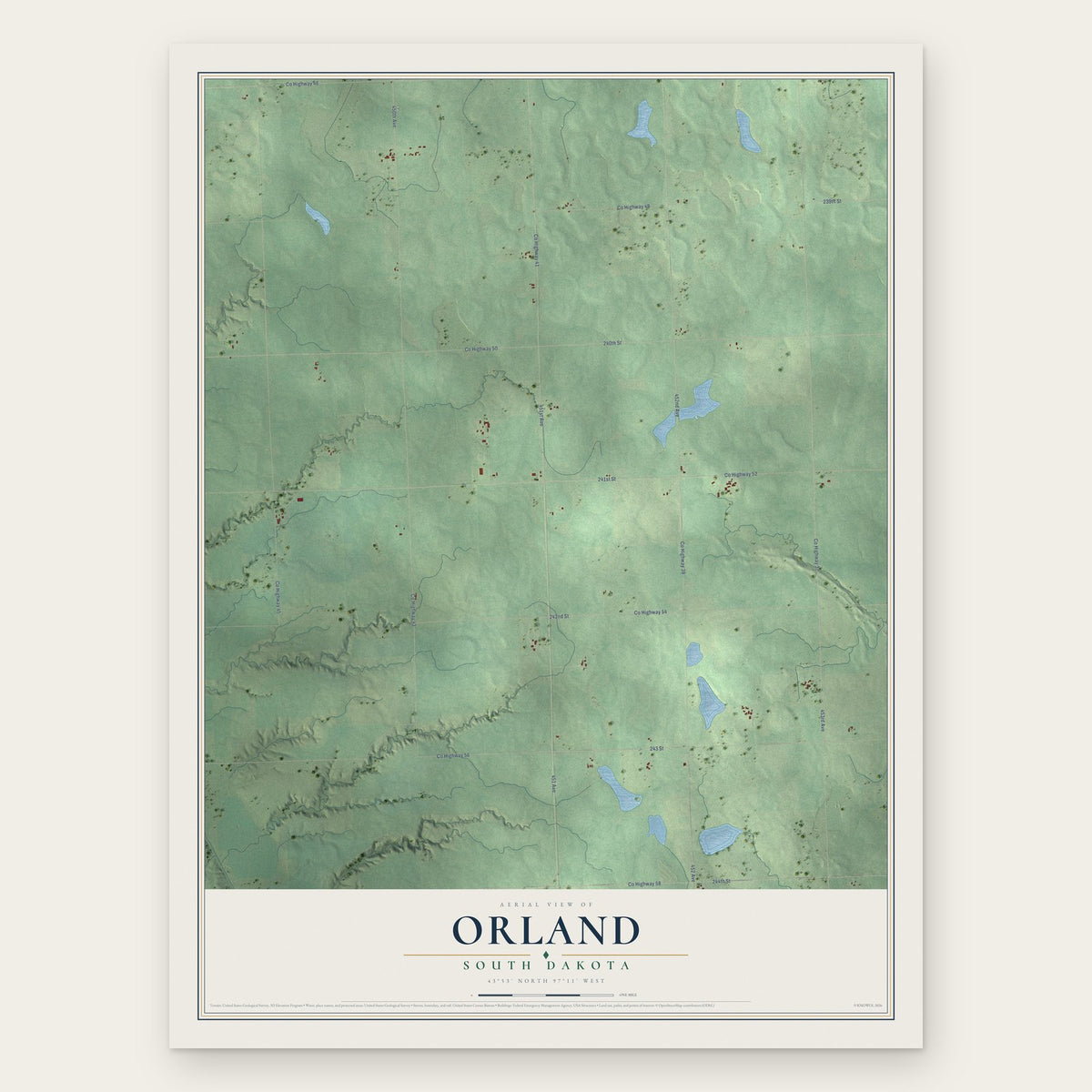 Orland, South Dakota map print, the full design
