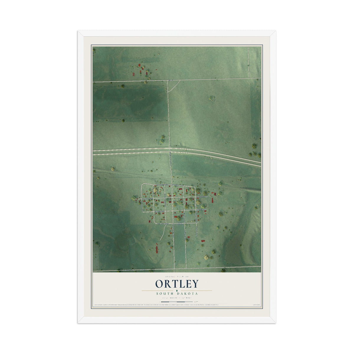 Map of Ortley, South Dakota, 12 x 18 inch print in a white wood frame